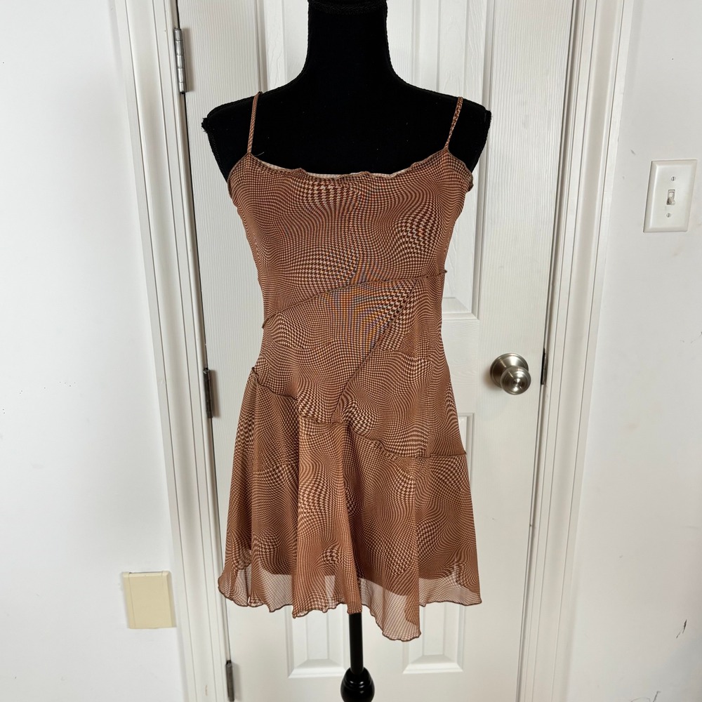 Urban Outfitters Brown Optical Illusion Mesh Mini Dress‎ Houndstooth Size S Y2K